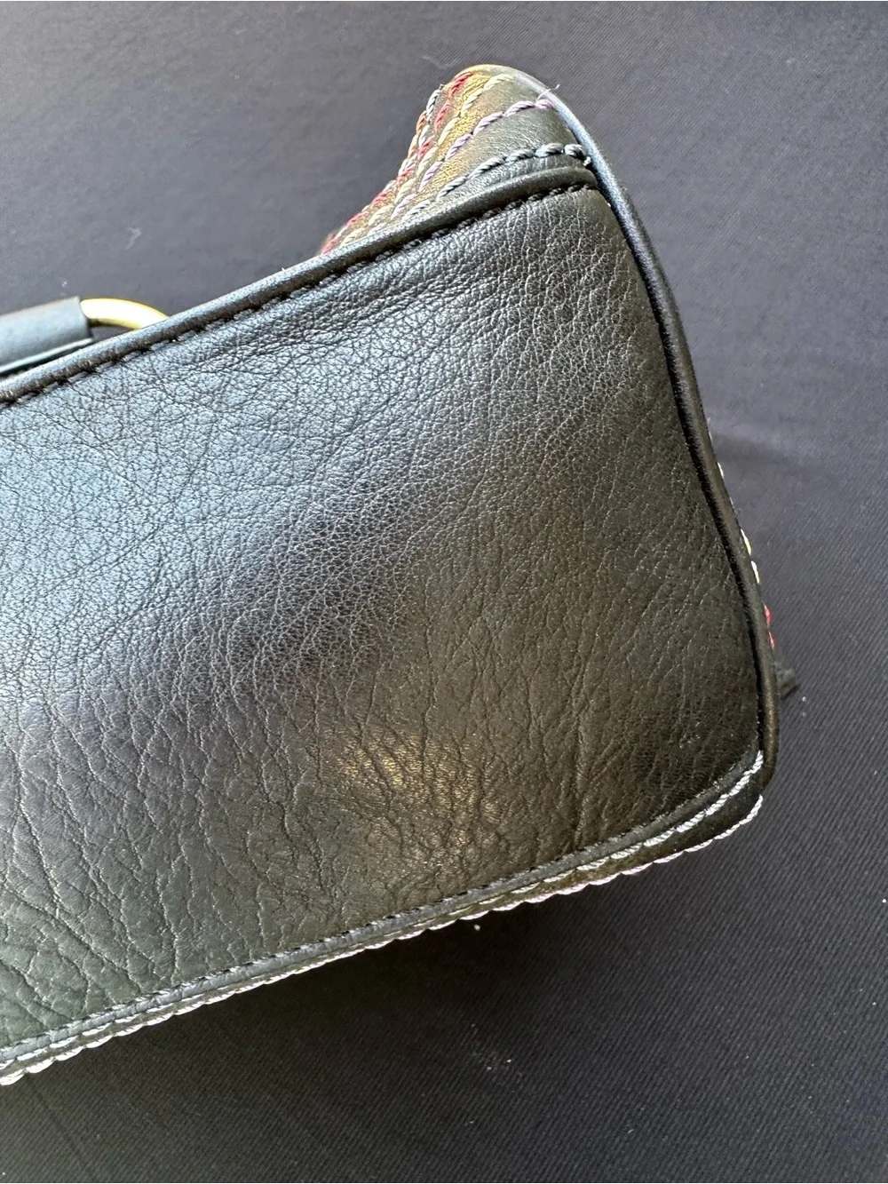 UGG Black Leather Satchel with Gold Ring Handles and Multicolor Stitching